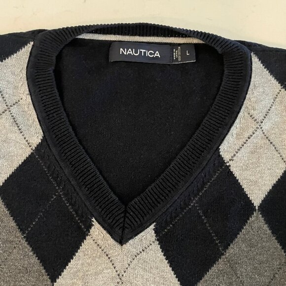 Nautica Vtg Grandpa Diamond Print 100% Cotton Knit V Neck Vest Navy Grey Sz L - Picture 3 of 10